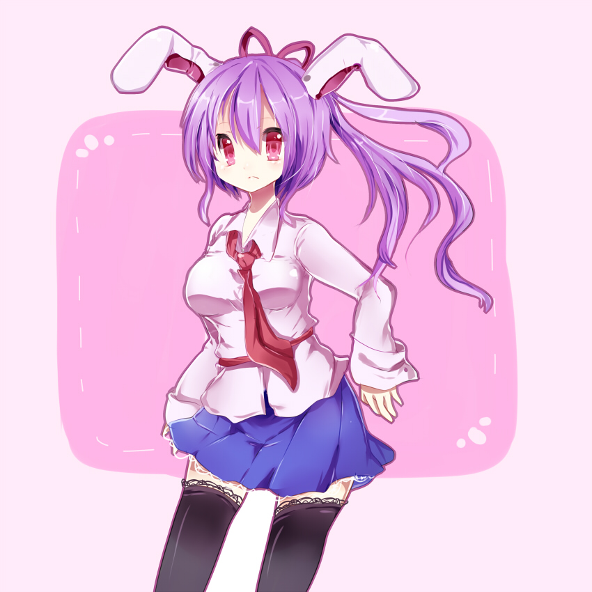 1girl alternate_hairstyle animal_ears bad_id bad_pixiv_id black_thighhighs dress_shirt female_focus hair_ribbon necktie ponytail purple_hair rabbit_ears red_eyes red_necktie reisen_udongein_inaba ribbon shirt skirt solo thighhighs tikuwakure touhou uiroutsuji_yumihiko zettai_ryouiki