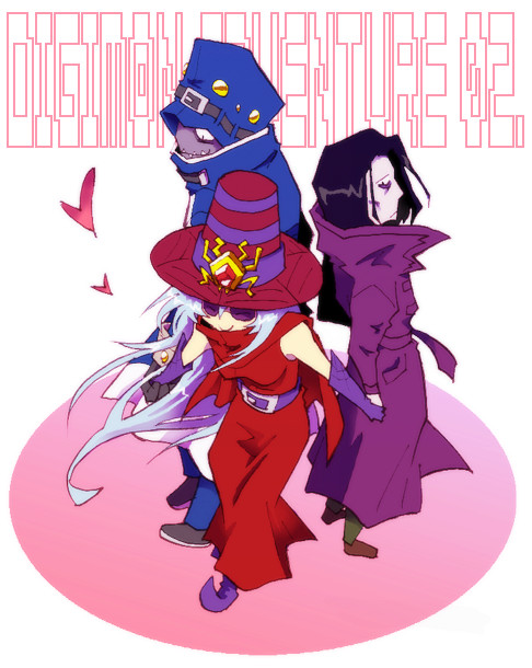 archnemon belt digimon digimon_(creature) glasses hat long_hair mummymon oikawa_yukio white_hair