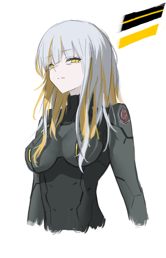 1girl ace_combat adf-01_falken black_bodysuit bodysuit long_hair looking_at_viewer multicolored_hair pilot_suit portrait sidelocks simple_background sketch solo tom-neko_(zamudo_akiyuki) two-tone_hair upper_body white_background white_hair yellow_eyes