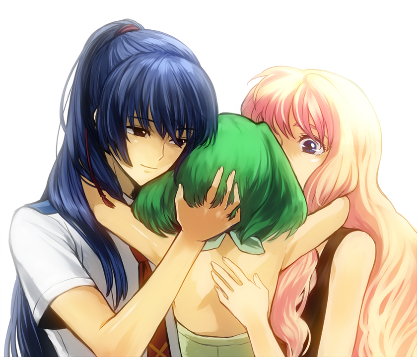 1boy 2girls bad_id bad_pixiv_id bare_shoulders blue_eyes blue_hair brown_eyes from_behind green_hair group_hug hand_on_another&#039;s_head hand_on_back hug long_hair macross macross_frontier multiple_girls nanamura pink_hair ponytail ranka_lee saotome_alto sheryl_nome short_hair simple_background