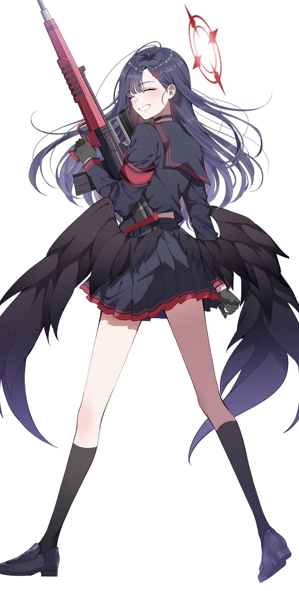 1girl armband assault_rifle black_choker black_gloves black_hair black_serafuku black_wings blue_archive blue_eyes bullpup choker em-2 feathered_wings full_body gloves grin gun hair_ornament hairclip halo highres ichika_(blue_archive) long_hair long_sleeves looking_at_viewer low_wings pleated_skirt red_armband red_halo rifle school_uniform serafuku simple_background skirt smile ume_ryou weapon white_background wings