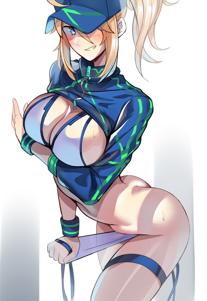 1girl ahoge artoria_pendragon_(fate) ass ayakumo bikini blonde_hair blush breasts butt_crack cleavage fate/grand_order fate_(series) frontal_wedgie hat jacket large_breasts long_hair looking_at_viewer mysterious_heroine_x_(fate) mysterious_heroine_xx_(fate) ponytail sidelocks smile solo swimsuit thigh_strap tsurime wristband