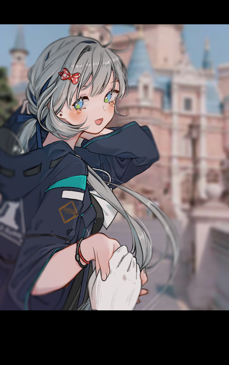 1boy 1girl arknights arm_behind_head black_shirt blue_bow blue_eyes blue_jacket blurry blurry_background bow bracelet braid breasts bright_pupils castle chinese_commentary commentary_request disneyland doctor_(arknights) earrings eyelashes female_doctor_(arknights) gloves gradient_eyes green_eyes grey_hair hair_bow hair_ornament hairclip highres holding_hands hood hood_down hooded_jacket jacket jewelry letterboxed light_blush long_hair long_sleeves low_ponytail multicolored_eyes open_mouth photo_background polka_dot polka_dot_bow pov red_bow ribbon-trimmed_hood shirt side_braid sleeves_past_elbows smile stud_earrings taketorikyouko thorns_(arknights) tree very_long_hair white_gloves white_pupils