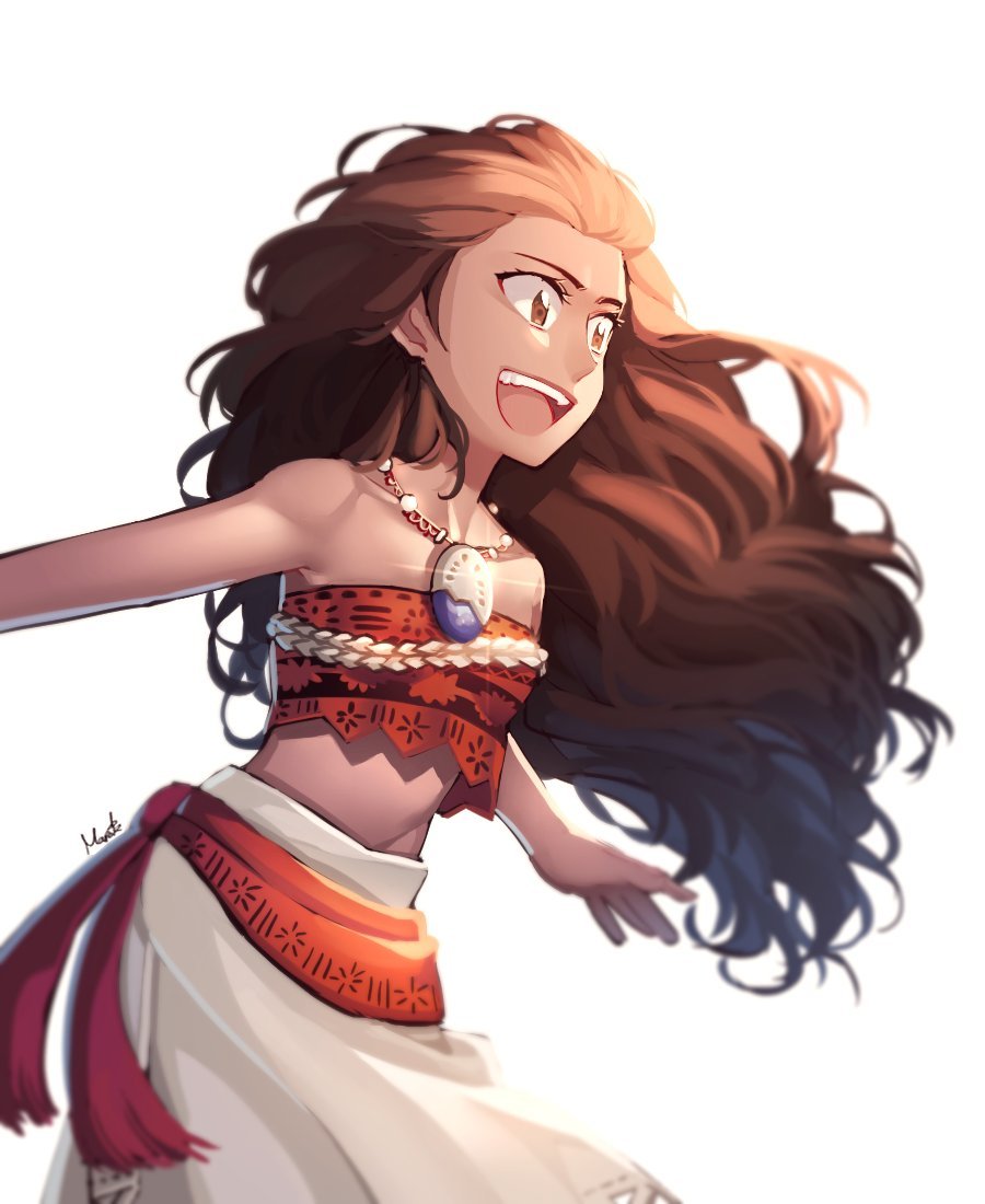 1girl :d bandeau bare_shoulders blurry brown_eyes brown_hair clothes_around_waist commentary cowboy_shot dark_skin depth_of_field disney english_commentary floating_hair hair_slicked_back jewelry lips long_hair looking_to_the_side maro_(lij512) midriff moana_(movie) moana_waialiki necklace open_mouth sarong signature simple_background smile solo sparkle standing strapless upper_body upper_teeth_only white_background