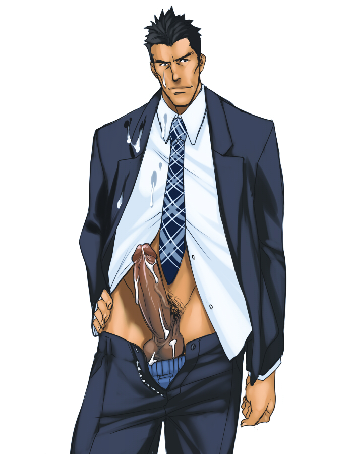 1boy bara cum erection male_focus muscular necktie penis rabbit_(pixiv744412) solo suit tagme testicles undressing