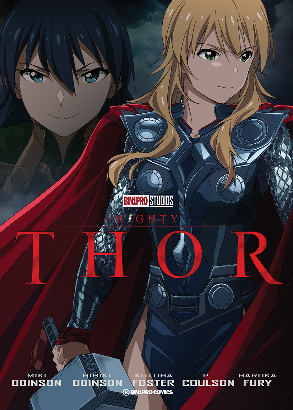 2girls black_hair blonde_hair blue_eyes character_name closed_mouth cosplay ganaha_hibiki green_eyes hair_between_eyes hammer highres holding holding_hammer hoshii_miki idolmaster idolmaster_(classic) long_hair multiple_girls smile taku1122 thor_(marvel) thor_(marvel)_(cosplay)