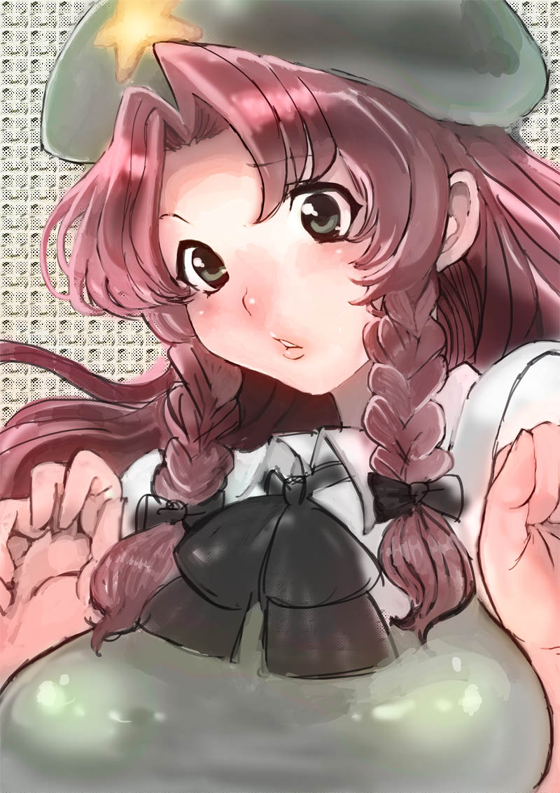 1girl bad_id bad_pixiv_id black_bow black_ribbon blush bow braid breasts close-up gaihan_umeboshi_mitchell grey_eyes hair_bow hair_intakes hands_up hat hong_meiling jubigamura large_breasts long_hair parted_lips patterned_background red_hair ribbon solo star_(symbol) touhou twin_braids