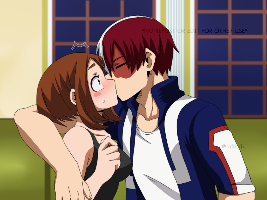 1boy 1girl blush boku_no_hero_academia breasts brown_eyes brown_hair burn_scar closed_eyes dimples hetero kiss large_breasts medium_hair multicolored_hair red_hair safri_riri scar shirt short_hair tank_top todoroki_shouto u.a._gym_uniform uraraka_ochako white_shirt window