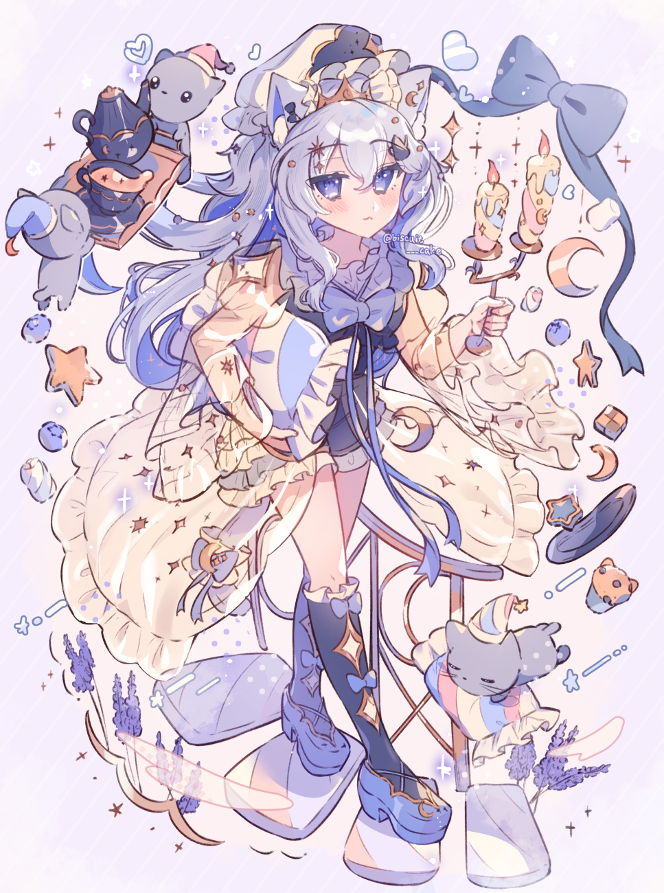 1girl animal_ear_fluff animal_ears blue_bow blue_bowtie blue_eyes blue_footwear blue_hair blue_ribbon bow bowtie candle cat cat_ears cat_girl cat_tail chocolate crescent crown cup food frilled_pillow frilled_shirt frilled_shorts frills full_body hair_between_eyes hair_ornament hat highres holding holding_candle holding_pillow holding_plate long_hair long_sleeves looking_at_viewer muffin nightcap original pillow plate ribbon shirt shoes shorts simple_background solo sparkle sparkle_hair_ornament star_(symbol) tail teacup teapot tsukumi_bis twitter_username white_background wide_sleeves