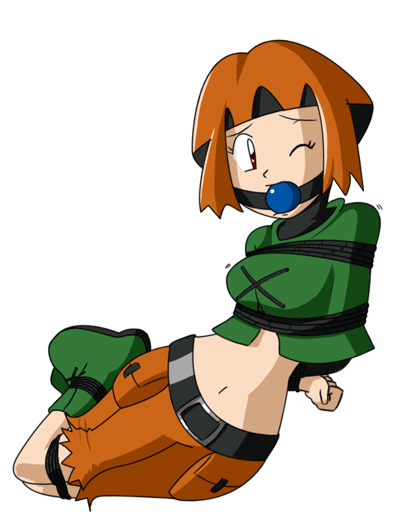 arms_behind_back ball_gag bdsm belly bondage bound bound_wrists creatures_(company) gag gagged game_freak gardenia_(pokemon) looking_at_viewer midriff motion_lines navel nintendo one_eye_closed pokemon pokemon_(anime) pokemon_dppt_(anime) raya100 shibari shirt struggling tied_up_(nonsexual) tight_clothes tight_shirt worried