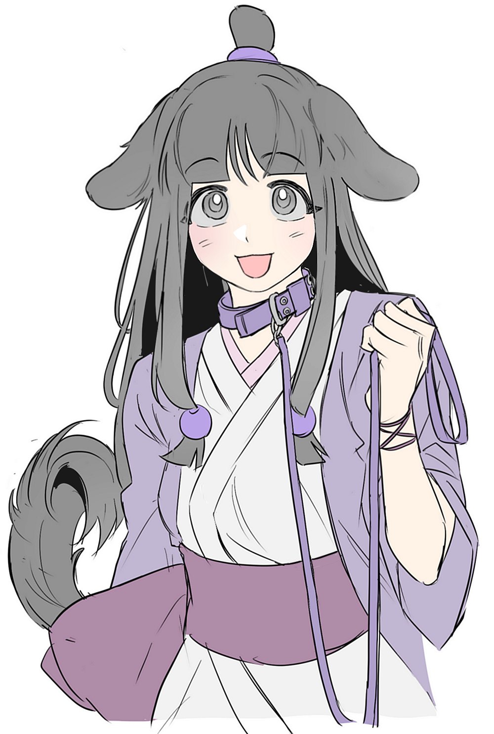 1girl :d ace_attorney animal_ears beads black_eyes black_hair blunt_bangs dog_ears dog_girl dog_tail hair_beads hair_ornament hanten_(clothes) highres holding holding_leash jacket japanese_clothes kimono leash long_hair low-tied_sidelocks maya_fey mmachoii open_mouth purple_jacket red_sash sash sidelocks smile solo tail topknot white_background white_kimono