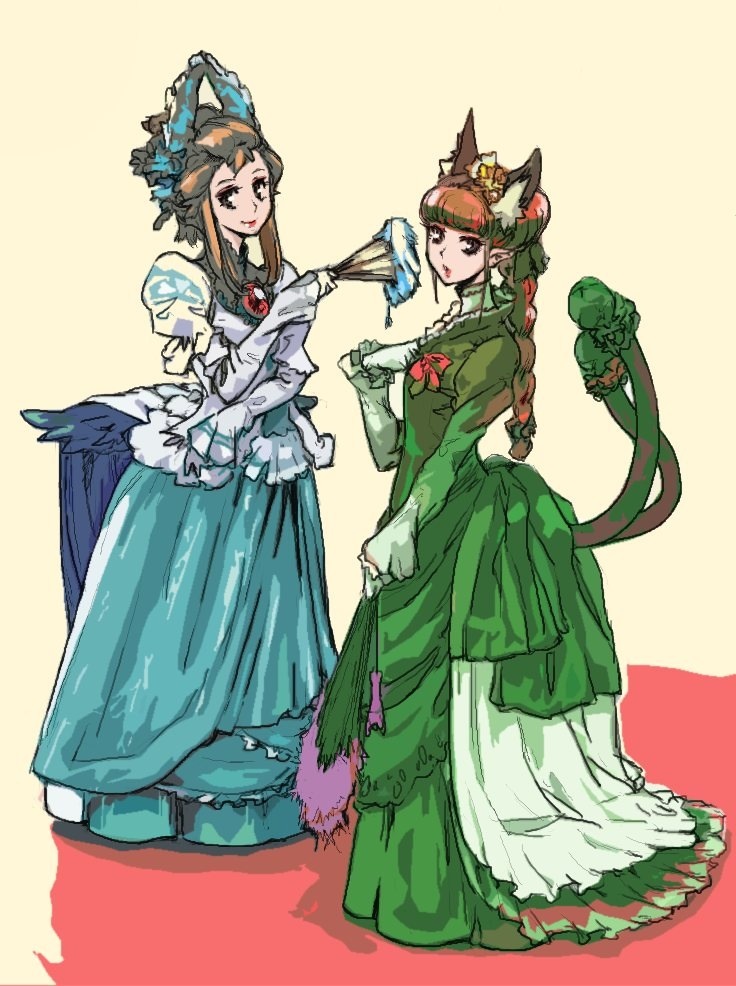 2girls alternate_hairstyle animal_ears bad_id bad_pixiv_id blue_dress braid brooch bustle bustle_dress cat_ears cat_girl cat_tail chikuwa_(tks) dress elbow_gloves hand_fan female_focus formal_clothes full_body gloves gown green_dress hair_up jewelry juliet_sleeves kaenbyou_rin long_sleeves multiple_girls multiple_tails pointy_ears puffy_sleeves reiuji_utsuho single_braid tail third_eye touhou wings