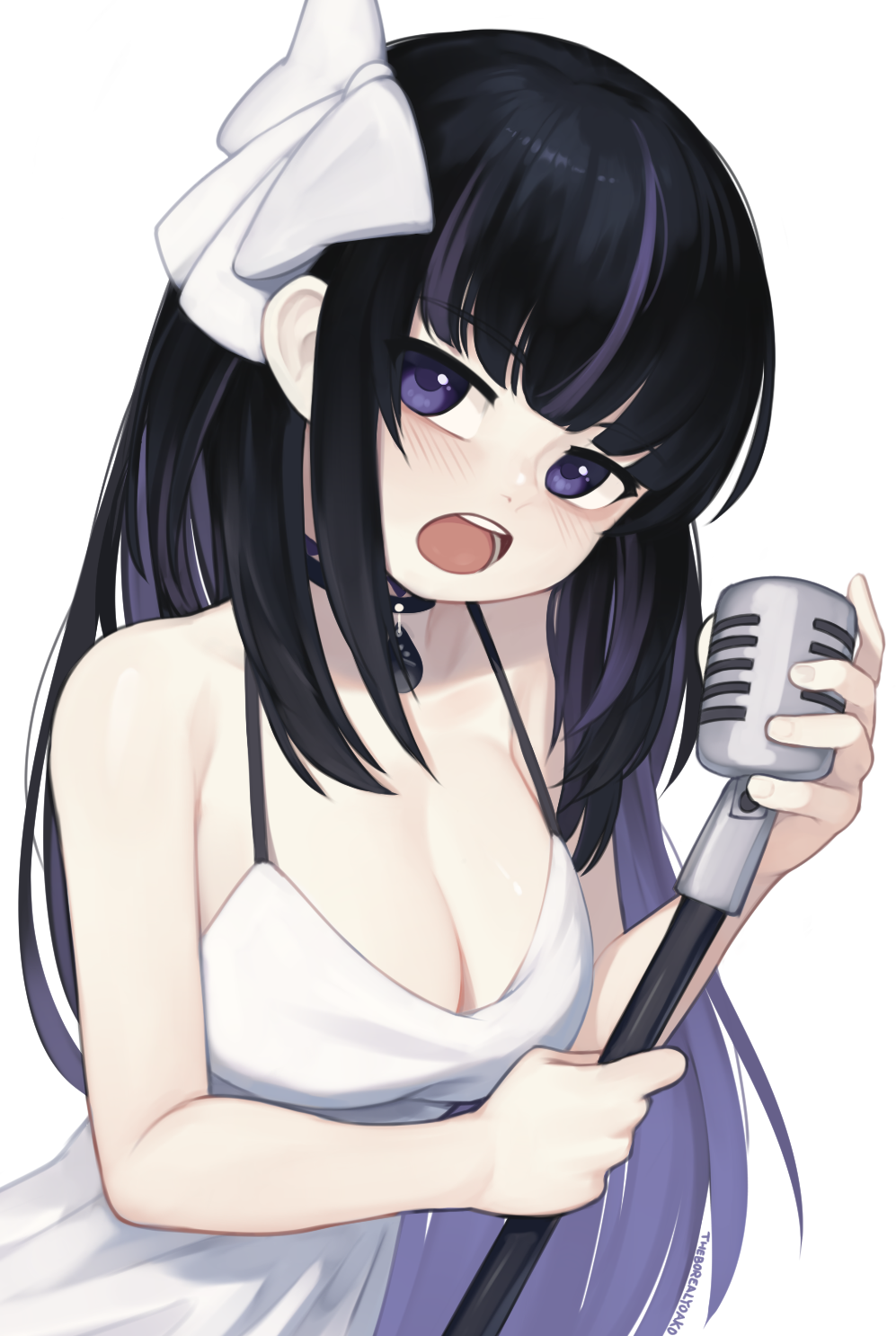 1girl artist_name bare_arms bare_shoulders black_collar black_hair blunt_bangs bow breasts cleavage collar commentary dress english_commentary hair_bow highres holding holding_microphone_stand indie_virtual_youtuber large_breasts long_hair looking_at_viewer microphone_stand multicolored_hair open_mouth purple_eyes purple_hair ririsya simple_background solo streaked_hair teeth two-tone_hair upper_body upper_teeth_only very_long_hair virtual_youtuber white_background white_bow white_dress yoako