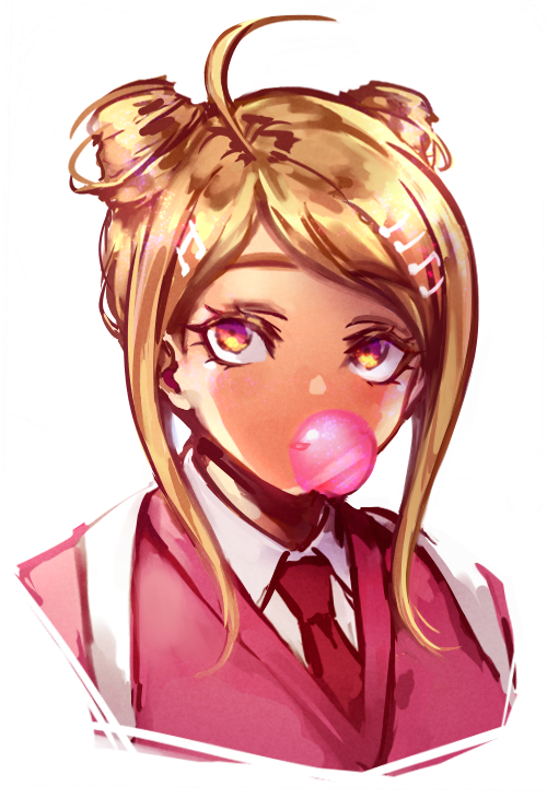 1girl ahoge akamatsu_kaede alternate_hairstyle blonde_hair blush chewing_gum collared_shirt commentary cropped_torso danganronpa_(series) danganronpa_v3:_killing_harmony dated_commentary double_bun english_commentary eyelashes fortissimo hair_bun hair_ornament long_hair looking_up musical_note musical_note_hair_ornament necktie pink_eyes pink_sweater_vest pink_vest portrait red_necktie shirt sidelighting solo sweater_vest traineralli vest white_background white_bag white_shirt