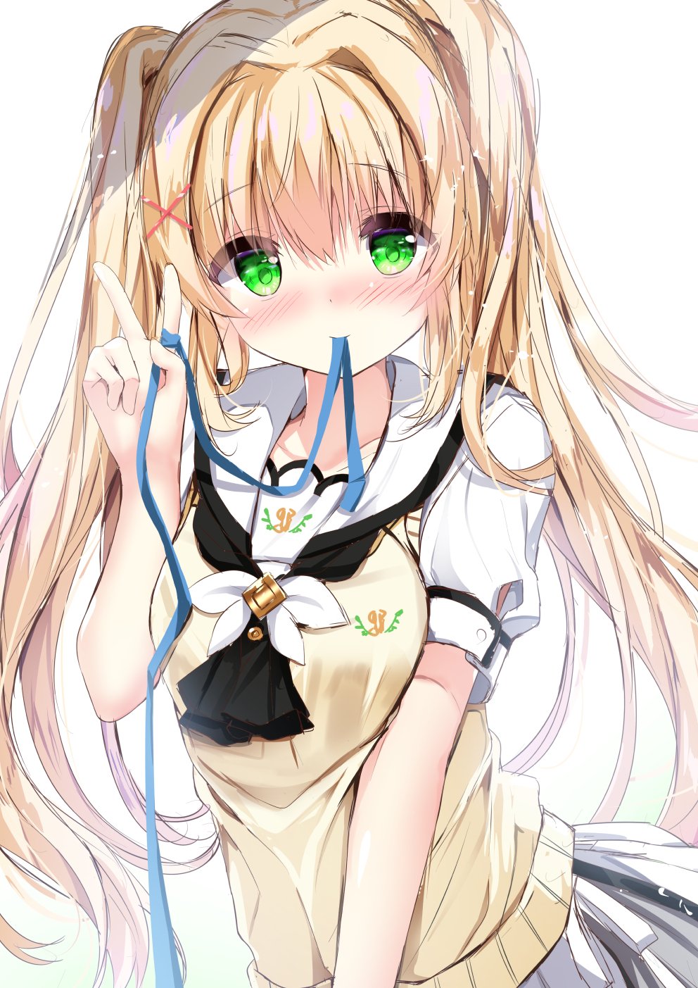 1girl black_neckwear blonde_hair blue_ribbon blush breasts closed_mouth collarbone commentary_request green_eyes grey_skirt hair_between_eyes hair_ornament hand_up highres kouda_suzu long_hair looking_at_viewer medium_breasts mouth_hold nose_blush pleated_skirt puffy_short_sleeves puffy_sleeves ribbon ribbon_in_mouth shirt short_sleeves sidelocks simple_background skirt smile solo summer_pockets sweater_vest tsumugi_wenders twintails v very_long_hair white_background white_shirt x_hair_ornament