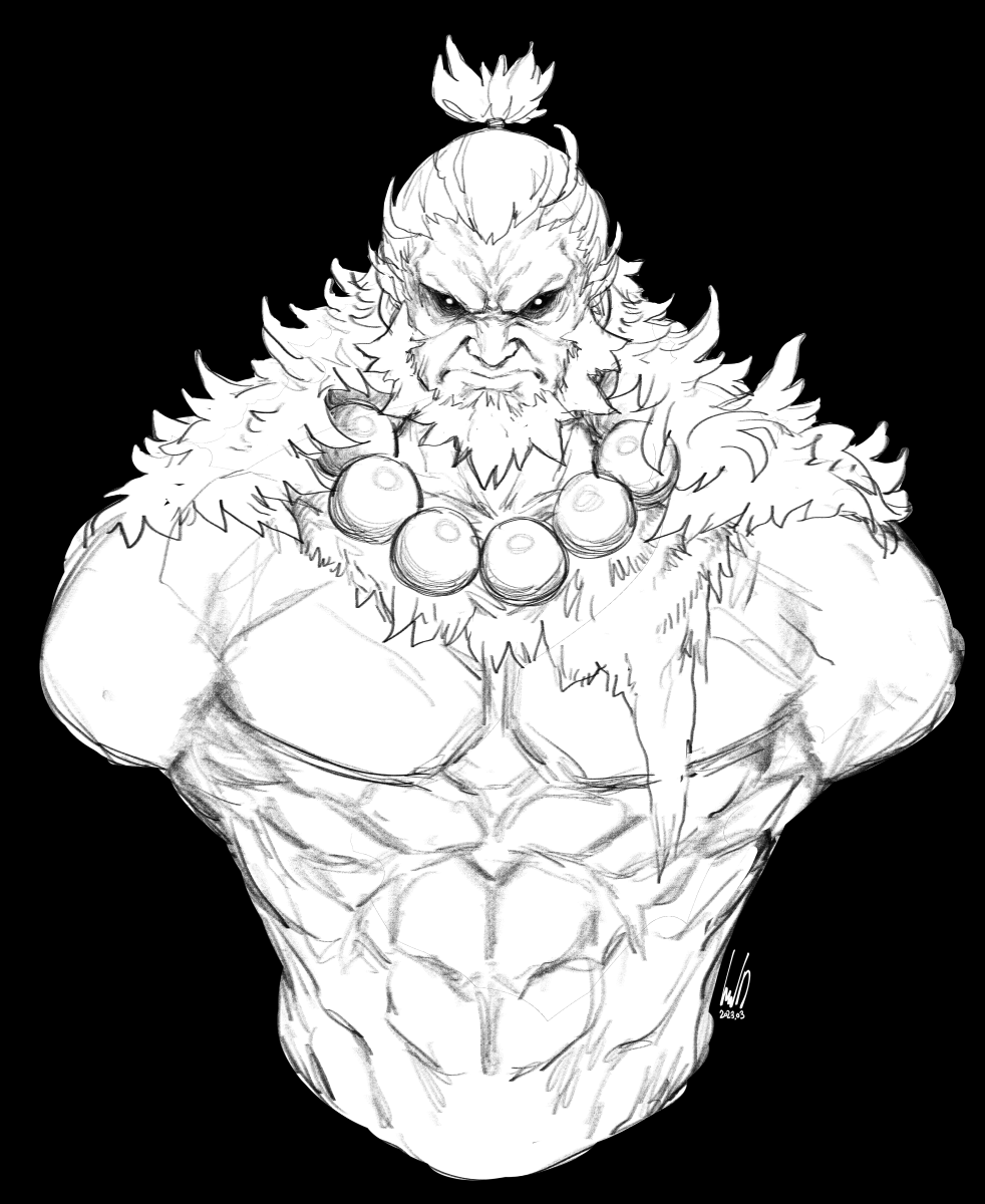 1boy akuma_(street_fighter) bead_necklace beads beard black_background black_sclera bright_pupils closed_mouth colored_sclera commentary cropped_torso dated english_commentary facial_hair frown ginseng_(xin) greyscale high_ponytail highres jewelry looking_at_viewer male_focus monochrome muscular muscular_male necklace pectorals short_ponytail signature simple_background sketch solo street_fighter street_fighter_6