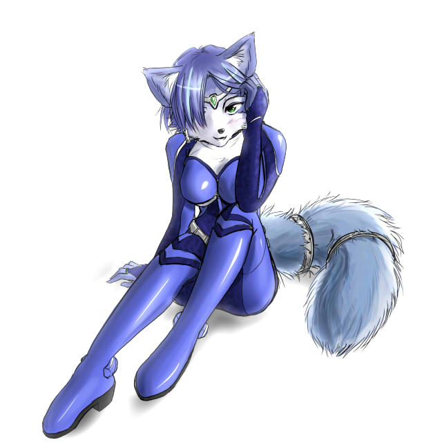 animal_ears blue_fur blue_hair cleavage_cutout clothing_cutout fox_ears fox_girl fox_tail furry furry_female green_eyes jewelry krystal nejinoki nintendo sitting skin_tight star_fox star_fox_assault tail