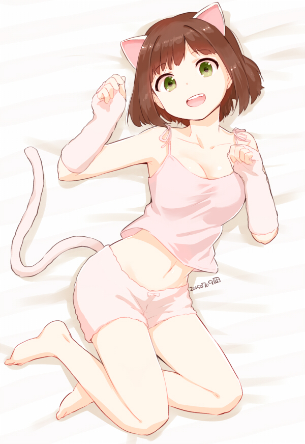 10s 1girl 2015 animal_ears arm_warmers bare_legs bare_shoulders barefoot breasts brown_hair cat_ears cat_tail cleavage dated fang full_body green_eyes idolmaster idolmaster_cinderella_girls looking_at_viewer lying maekawa_miku medium_breasts midriff nagian navel on_back open_mouth short_hair shorts smile solo tail tank_top