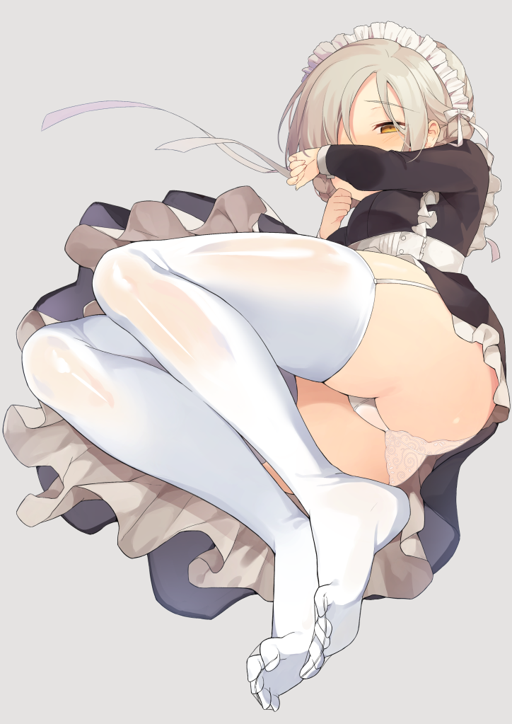 1girl ass azur_lane bad_id bad_pixiv_id black_dress blush brown_eyes commentary_request covered_mouth dress feet female_focus from_below full_body garter_straps grey_background hair_over_one_eye legs light_brown_hair long_sleeves looking_at_viewer maid maid_headdress no_shoes panties sheffield_(azur_lane) short_hair simple_background soles solo thighhighs tsuka underwear white_panties white_thighhighs