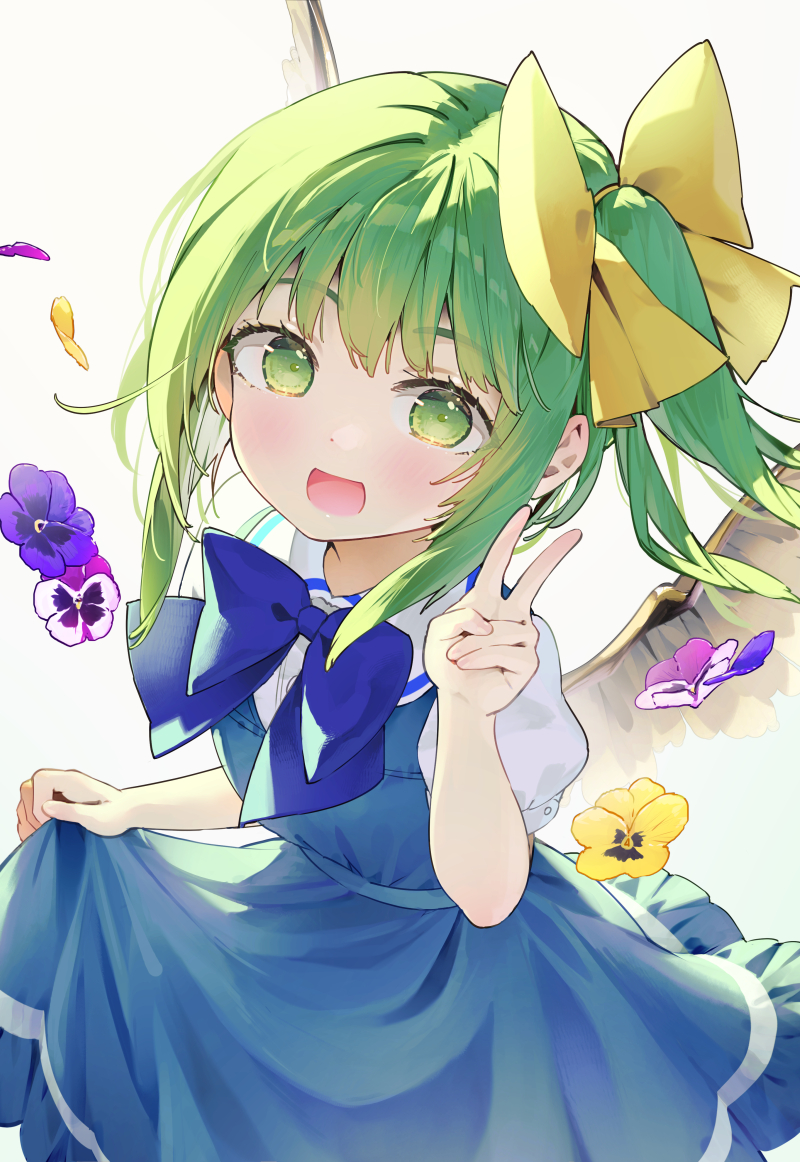 1girl backlighting blue_bow blue_bowtie blue_dress bow bowtie daiyousei dress flower green_eyes green_hair hair_ornament looking_at_viewer pansy purple_flower purple_pansy skirt_hold smile solo syuri22 touhou v yellow_flower yellow_pansy