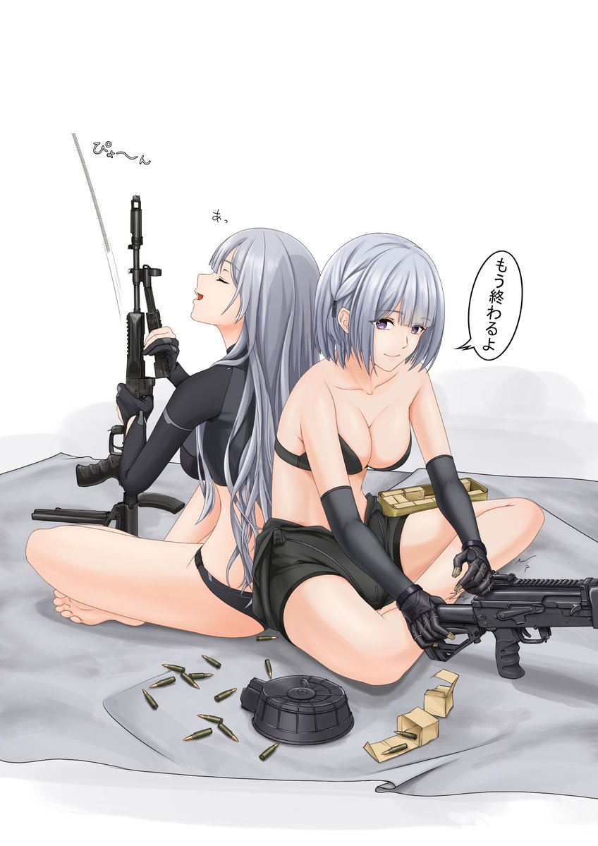 2girls ak-12 ak-12_(girls&#039;_frontline) ammunition assault_rifle barefoot black_bra black_gloves bra breasts cleavage closed_eyes closed_mouth commentary commentary_request disassembly drum_magazine elbow_gloves feet full_body girls&#039;_frontline gloves grey_hair gun holding holding_gun holding_weapon indian_style kalashnikov_rifle kiserohu_3 light_machine_gun long_hair machine_gun magazine_(weapon) multiple_girls open_mouth partially_undressed purple_eyes rifle rifle_cartridge rpk-16 rpk-16_(girls&#039;_frontline) short_hair simple_background sitting smile speech_bubble translation_request underwear weapon white_background