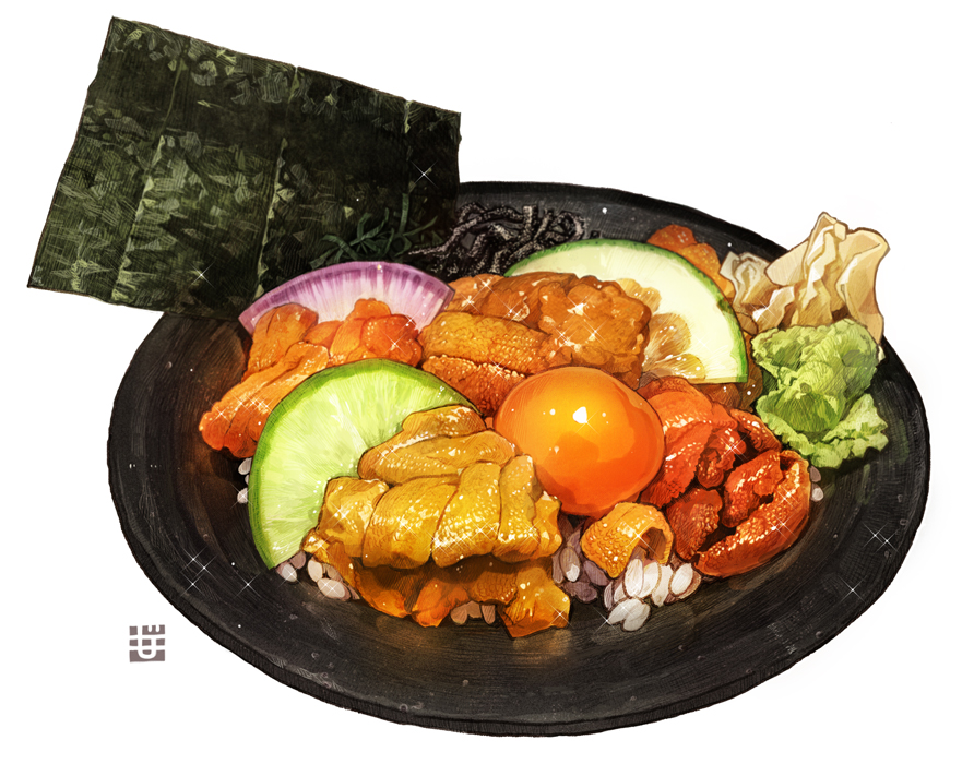 egg food food_focus fruit lime_(fruit) meat momiji_mao no_humans nori_(seaweed) onion original plate rice still_life uni_(food) vegetable