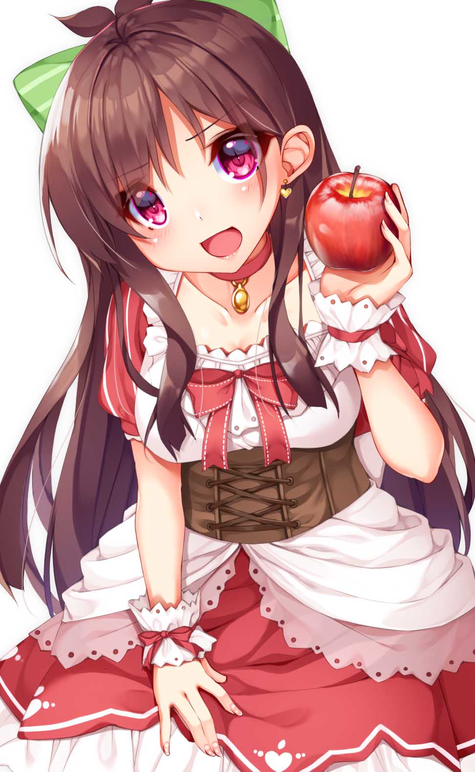 1girl apple arm_up bow breasts brown_hair chikuwabuta choker collarbone commentary_request dress earrings eyes_visible_through_hair female_focus food fruit hair_bow head_tilt heart heart_earrings highres holding holding_food holding_fruit idolmaster idolmaster_cinderella_girls jewelry layered_dress leaning long_hair looking_at_viewer medium_breasts neck_ribbon open_mouth pendant puffy_short_sleeves puffy_sleeves red_choker red_eyes red_ribbon ribbon short_sleeves sidelocks simple_background slit_pupils solo striped_bow tsujino_akari underbust very_long_hair white_background wrist_cuffs