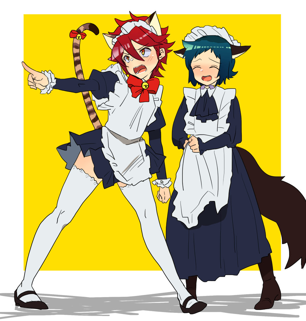 2boys ^_^ alternate_costume animal_ears apron blue_hair blush boots cat_boy cat_ears closed_eyes crossdressing dog_boy dog_ears dog_tail enmaided closed_eyes fangs frills full_body gundam gundam_build_fighters hair_between_eyes hairband housengo iori_sei maid maid_apron maid_headdress male_focus mary_janes multiple_boys pointy_ears puffy_sleeves red_hair reiji_(gundam_bf) shoes smile sweatdrop tail thighhighs white_legwear yellow_eyes