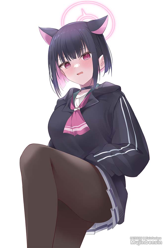 1girl animal_ears black_choker black_hair black_jacket blue_archive blush brown_pantyhose cat_ears cat_girl choker colored_inner_hair halo hands_in_pockets hood hooded_jacket hoodie jacket kazusa_(blue_archive) long_sleeves looking_at_viewer medium_hair mujinbensin multicolored_hair open_mouth pantyhose pink_hair red_eyes sidelocks simple_background skirt solo standing white_background