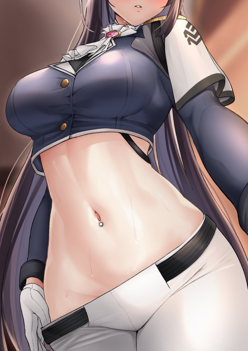 1girl ascot breasts brown_hair clothes_pull crop_top gloves goddess_of_victory:_nikke head_out_of_frame highres joosi large_breasts long_hair marciana_(nikke) midriff navel navel_piercing pants pants_pull piercing solo stomach very_long_hair white_ascot white_gloves white_pants