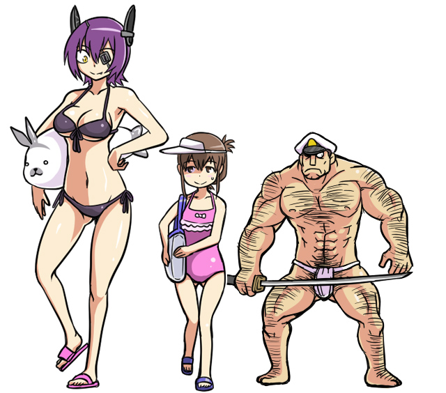 10s 1boy 2girls admiral_(kancolle) alternate_costume bag bikini breasts brown_eyes brown_hair cleavage eyepatch folded_ponytail fundoshi hat headgear height_difference holding inazuma_(kancolle) japanese_clothes kantai_collection katana large_breasts matsuda_chiyohiko multiple_girls peaked_cap purple_hair seal_(animal) shimakaze_(kancolle) shimakaze_(seal) short_hair shoulder_bag simple_background swimsuit sword tenryuu_(kancolle) tonda weapon white_background yellow_eyes