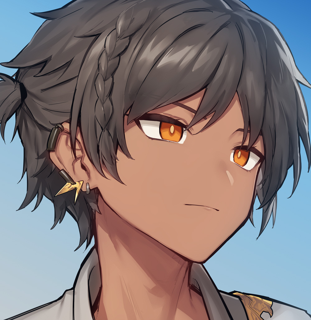 1boy arknights black_hair blue_background braid closed_mouth commentary dark-skinned_male dark_skin ear_piercing earclip jacket male_focus melon22 orange_eyes piercing portrait short_ponytail side_braid simple_background solo thorns_(arknights)