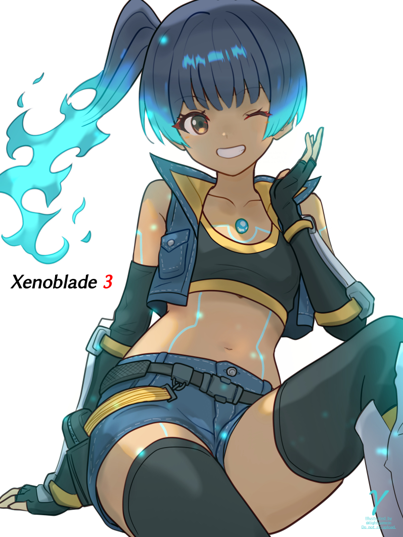 1girl ;d aqua_hair arm_support bare_shoulders black_gloves black_sports_bra black_thighhighs blue_hair body_markings boots breasts brown_eyes chest_jewel collarbone commentary_request copyright_name cowboy_shot cropped_vest denim denim_shorts denim_vest elbow_gloves fiery_hair fingerless_gloves gauntlets gloves gradient_hair grin hand_up knee_up looking_at_viewer midriff multicolored_hair navel neon_trim one_eye_closed open_clothes open_mouth open_vest popped_collar sena_(xenoblade) short_hair short_shorts shorts side_ponytail simple_background sitting small_breasts smile solo sports_bra stomach takasaka_light thighhighs two-tone_hair vest white_background white_footwear xenoblade_chronicles_(series) xenoblade_chronicles_3