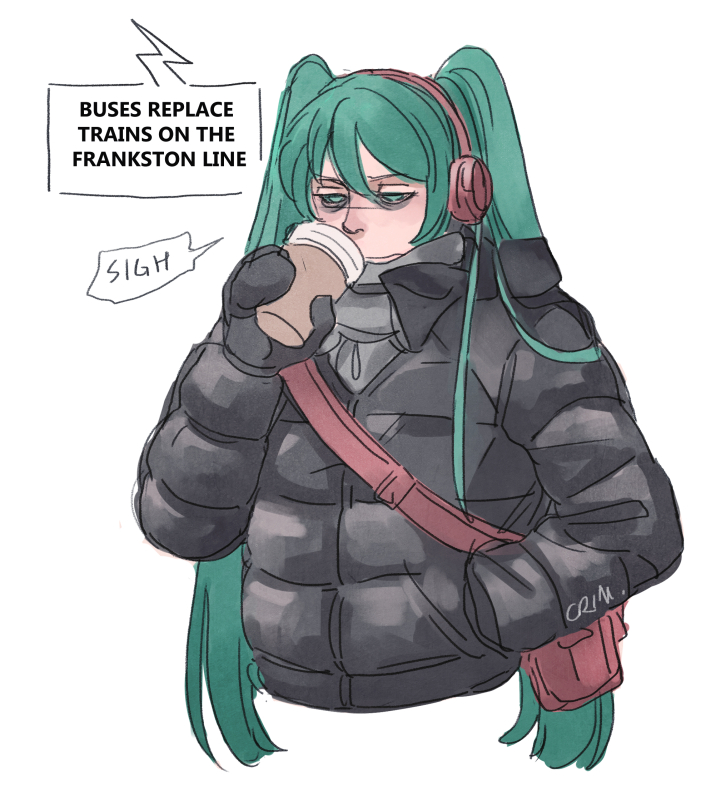 1girl bag black_coat coat commentary crimson_sun drink drinking english_commentary english_text green_eyes green_hair hand_in_pocket hatsune_miku headphones holding holding_drink sigh simple_background solo speech_bubble twintails vocaloid white_background