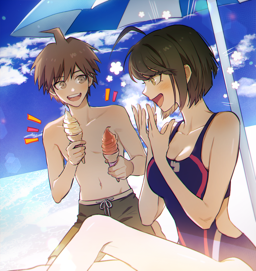 1boy 1girl :d ahoge bad_id bad_twitter_id bare_shoulders blue_one-piece_swimsuit blush breasts brother_and_sister brown_eyes brown_hair cleavage cloud collarbone commentary_request competition_swimsuit danganronpa:_trigger_happy_havoc danganronpa_(series) danganronpa_another_episode:_ultra_despair_girls danganronpa_s:_ultimate_summer_camp day food from_side happy ice_cream ice_cream_cone looking_at_another naegi_komaru naegi_makoto notice_lines one-piece_swimsuit open_mouth outdoors ppap_(11zhakdpek19) short_hair siblings smile swimsuit teeth umbrella upper_teeth_only