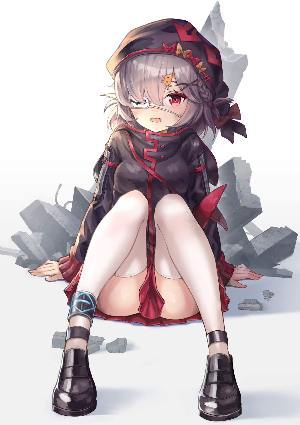 1girl animal_ears arknights commentary eyepatch grey_hair hair_ornament hat highres hood jacket long_sleeves looking_at_viewer mary_janes matsuhisa_(ryo-tsuda1) open_mouth popukar_(arknights) red_eyes shoes short_hair sitting skirt solo thighhighs