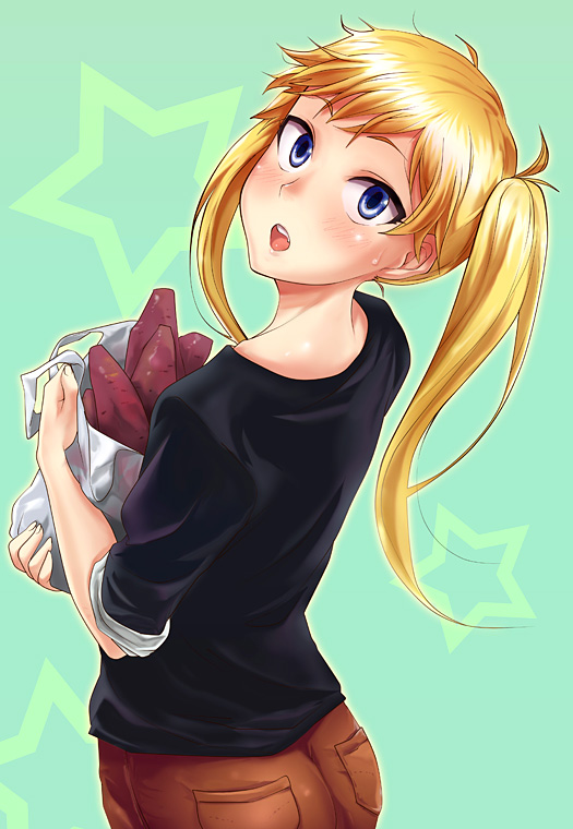 10s 1girl 71_(nanaichi_drafting) amaama_to_inazuma black_shirt blonde_hair blouse blue_eyes female_focus food kojika_shinobu shirt sleeves_rolled_up solo sweet_potato twintails