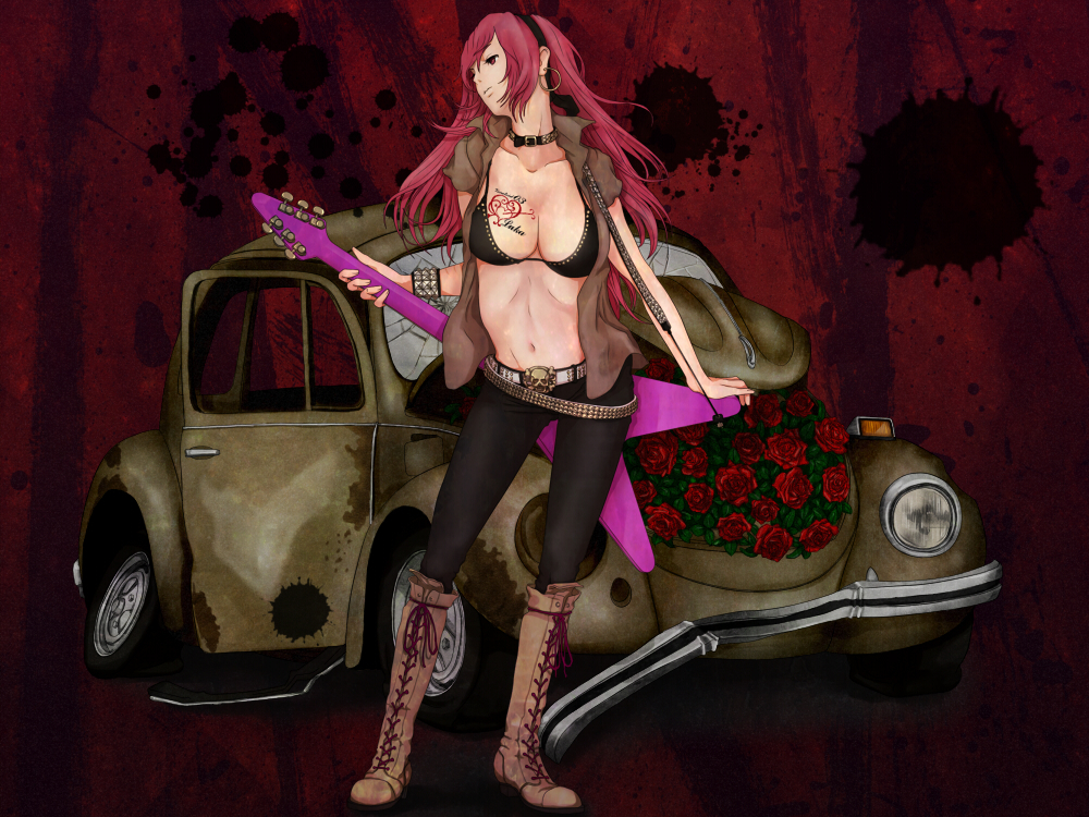 1girl belt boots breasts car cleavage earrings female_focus guitar haruken_(pixiv_148902) instrument jewelry long_hair megurine_luka motor_vehicle navel pink_eyes pink_hair solo studded_belt tattoo vehicle vocaloid volkswagen volkswagen_beetle