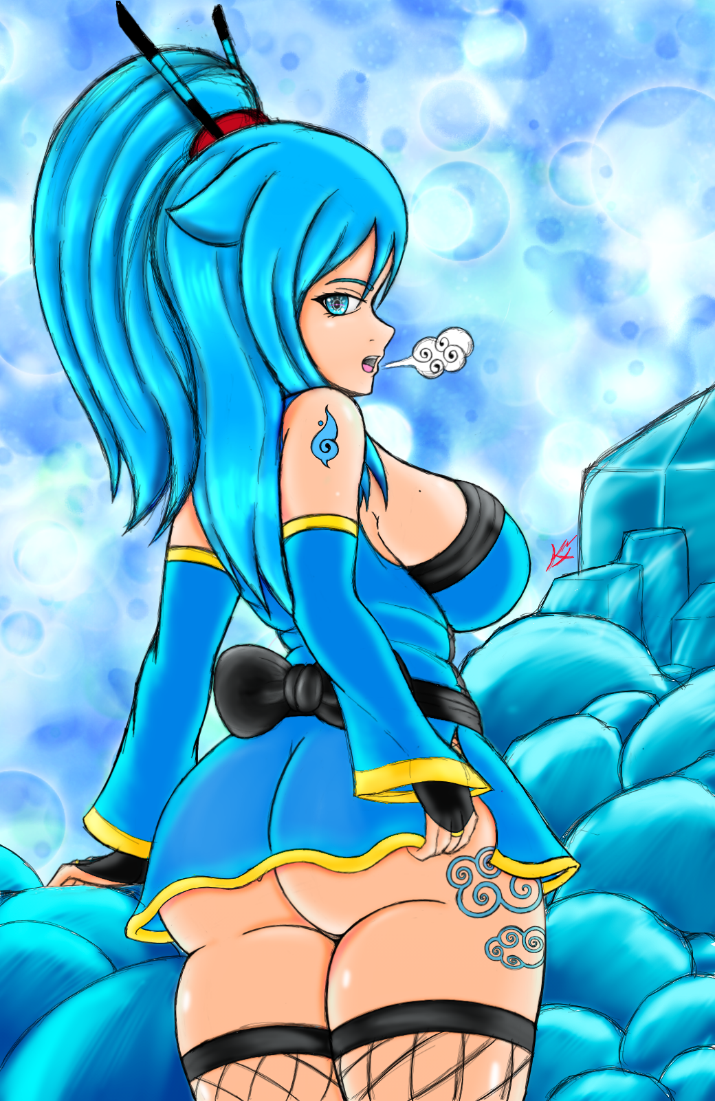 alera_kaze alera_kaze(character) alera_kaze(original) arm_tattoo ass ass_focus blue_eyes blue_hair bottomless breasts busty_female butt_crack curvy curvy_thighs fishnets from_behind hero_suit highres huge_ass japanese_clothes kimono kimono_skirt kunoichi kyle-x kylex kylex2039 kylexkaidou large_breasts leg_tattoo looking_at_viewer looking_back no_panties original original_design ponytail pussy pussy_peek sideboob standing tattoo thick_thighs thigh_gap thighhighs thighs under_skirt upskirt waifu2x