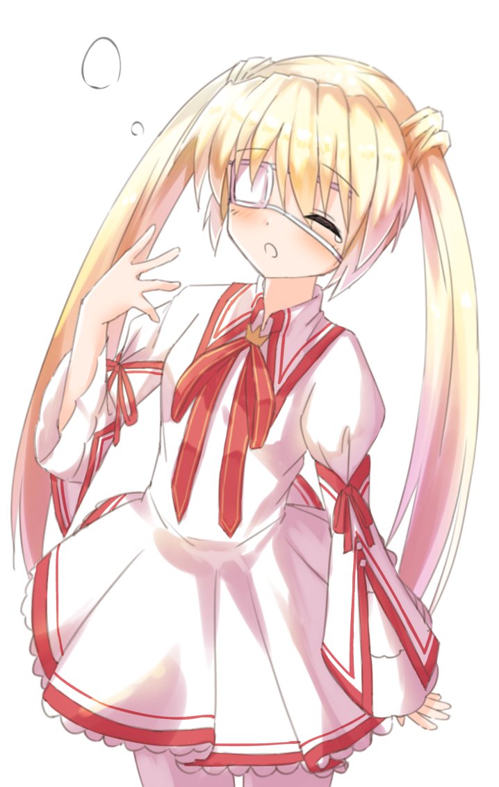 1girl arm_at_side blonde_hair blush closed_eyes commentary_request commission cowboy_shot dress eyepatch facing_viewer frilled_dress frills hair_between_eyes hand_up juliet_sleeves kazamatsuri_institute_high_school_uniform long_hair long_sleeves medical_eyepatch nakatsu_shizuru neck_ribbon one_eye_covered outstretched_hand pleated_dress puffy_sleeves red_ribbon rewrite ribbon school_uniform simple_background sleepy solo straight_hair twintails very_long_hair white_background white_dress wide_sleeves yawning yoanium