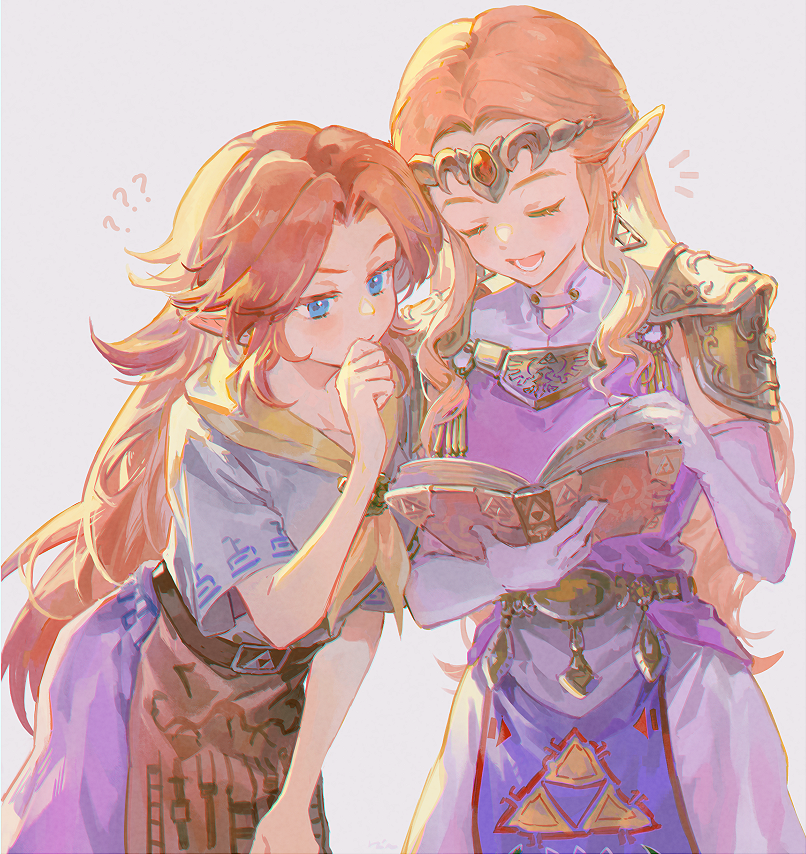 2girls ? ?? armor armored_dress belt blue_eyes book brown_belt circlet closed_eyes closed_mouth dress holding holding_book jewelry long_hair malon multiple_girls nintendo open_mouth pauldrons pink_dress pointy_ears princess_zelda purple_skirt rain_rkgk red_hair scarf shirt short_sleeves shoulder_armor simple_background skirt smile teeth the_legend_of_zelda the_legend_of_zelda:_ocarina_of_time triforce_print upper_teeth_only white_background white_shirt yellow_scarf