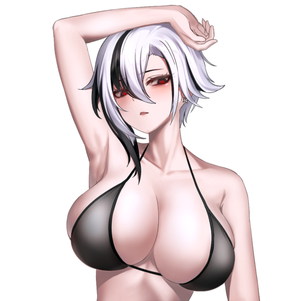 1girl arlecchino_(genshin_impact) arm_up armpits asymmetrical_hair bikini bindong black_bikini black_hair breasts collarbone commentary earrings genshin_impact hair_between_eyes jewelry large_breasts looking_at_viewer parted_lips red_eyes short_hair simple_background solo swimsuit symbol-only_commentary symbol-shaped_pupils upper_body white_background white_hair x-shaped_pupils