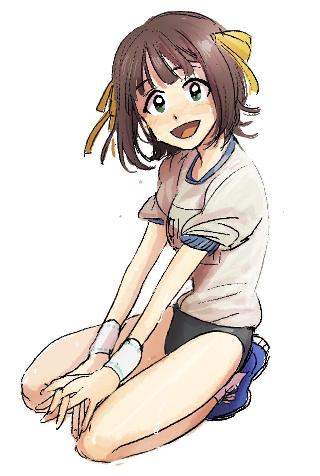 1girl amami_haruka black_buruma blue_footwear blush brown_hair buruma full_body green_eyes gym_uniform idolmaster looking_at_viewer name_tag open_mouth ribbon shirt short_hair simple_background solo tamtamdi white_background white_shirt yellow_ribbon