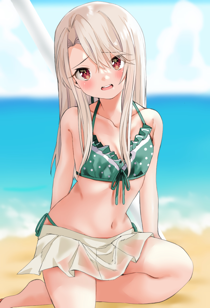 1girl aqua_bikini bare_shoulders bikini blush breasts collarbone fate/kaleid_liner_prisma_illya fate_(series) hair_between_eyes halterneck illyasviel_von_einzbern long_hair looking_at_viewer navel open_mouth red_eyes ruruka_pr see-through_clothes side-tie_bikini_bottom sidelocks small_breasts string_bikini swimsuit thighs white_hair