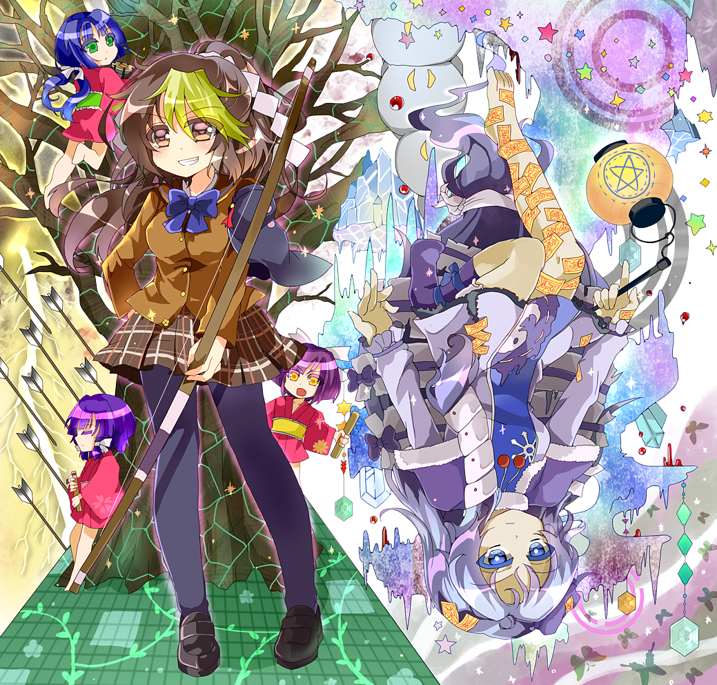 5girls asymmetrical_legwear barefoot black_legwear blonde_hair blue_eyes blue_hair bow_(weapon) brown_eyes brown_hair capelet checkered_clothes checkered_skirt closed_eyes flower green_eyes green_kodama hair_ornament japanese_clothes kijipoko kimono lamp long_hair magatsuji_hatsuna multicolored_hair multiple_girls ofuda original pink_kodama ponytail purple_hair riverbed_soul_saver ruri_(riverbed_soul_saver) skirt touhou uneven_legwear upside-down very_long_hair weapon yellow_eyes yellow_kodama