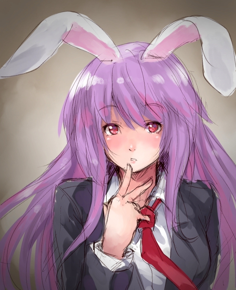 animal_ears blush denizen_tomo long_hair necktie purple_hair rabbit_ears red_eyes reisen_udongein_inaba self-upload solo touhou