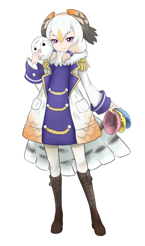 10s 1girl barn_owl_(kemono_friends) bird_tail blonde_hair boots coat epaulettes female_focus full_body fur_collar head_wings holding holding_mask ise_(0425) kemono_friends knee_boots long_sleeves looking_at_viewer low_twintails mask medium_hair multicolored_hair orange_hair purple_eyes simple_background smile solo standing tail twintails white_background white_hair wings