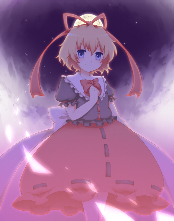 1girl bad_id bad_pixiv_id blonde_hair blue_eyes bow dress female_focus full_moon hair_ribbon medicine_melancholy moon ribbon sanotsuki short_hair smile solo touhou