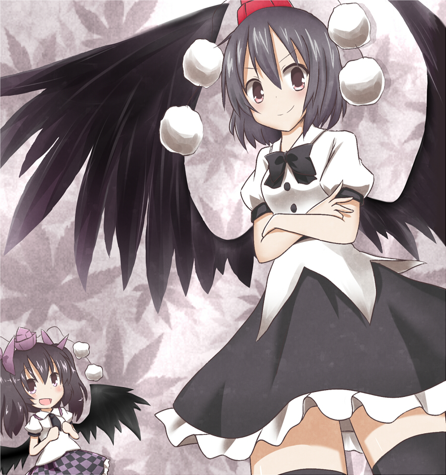 2girls black_hair black_legwear black_wings blush checkered_clothes checkered_skirt hachimi hat himekaidou_hatate long_hair multiple_girls necktie red_eyes shameimaru_aya shirt short_hair short_sleeves skirt smile thighhighs tokin_hat touhou twintails wings zettai_ryouiki