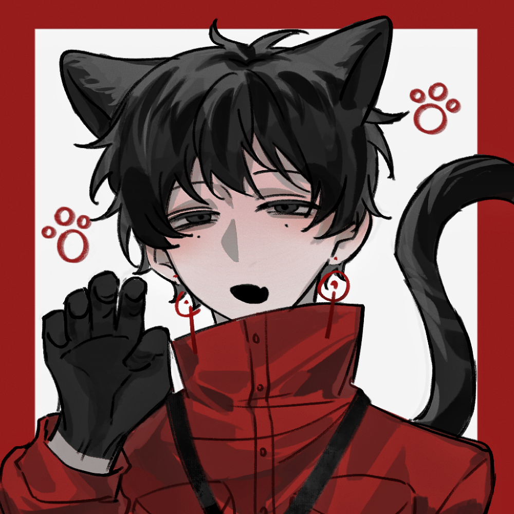 1boy animal_ears black_eyes black_gloves black_hair border cat_boy cat_ears cat_tail chinese_commentary claw_pose commentary_request earrings fang gloves hand_up high_collar jacket jewelry kemonomimi_mode li_yuting_(male) long_sleeves male_focus mole mole_under_each_eye mole_under_eye multiple_moles open_mouth outside_border paw_print portrait qijilan red_border red_jacket short_hair skin_fang solo tail touqi_guaitan white_background